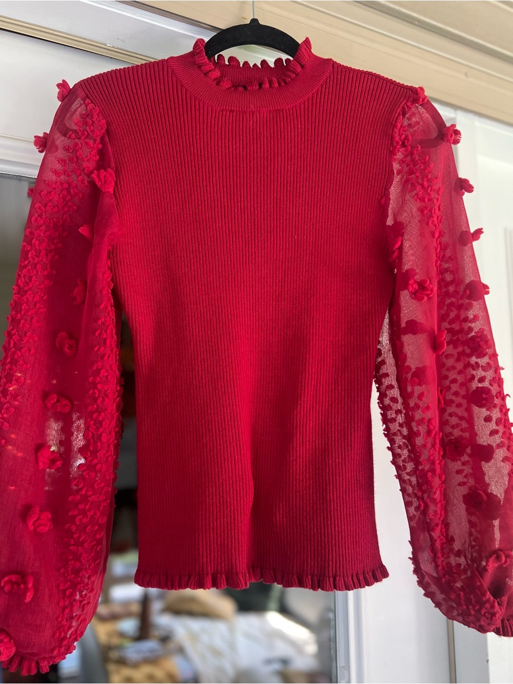 Almost Famous Red Ribbed Knit Top with Sheer Floral Balloon Sleeves